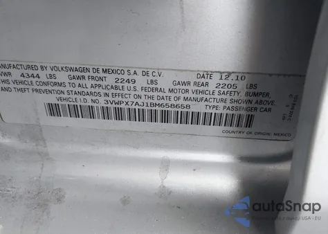 2011 Volkswagen Jetta Sportwagen 2.5L S z USA, uszkodzony, nr VIN 3VWPX7AJ1BM658658